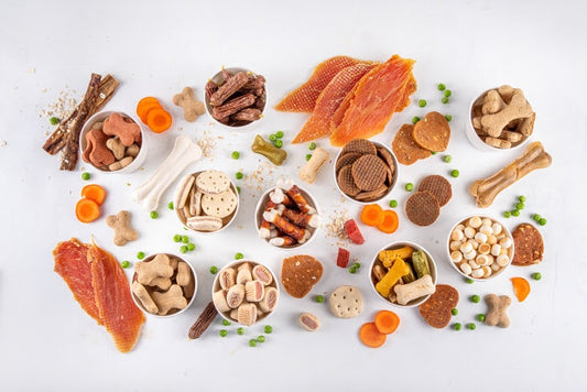 a counter with a spread of healthy dog treats and ingredients