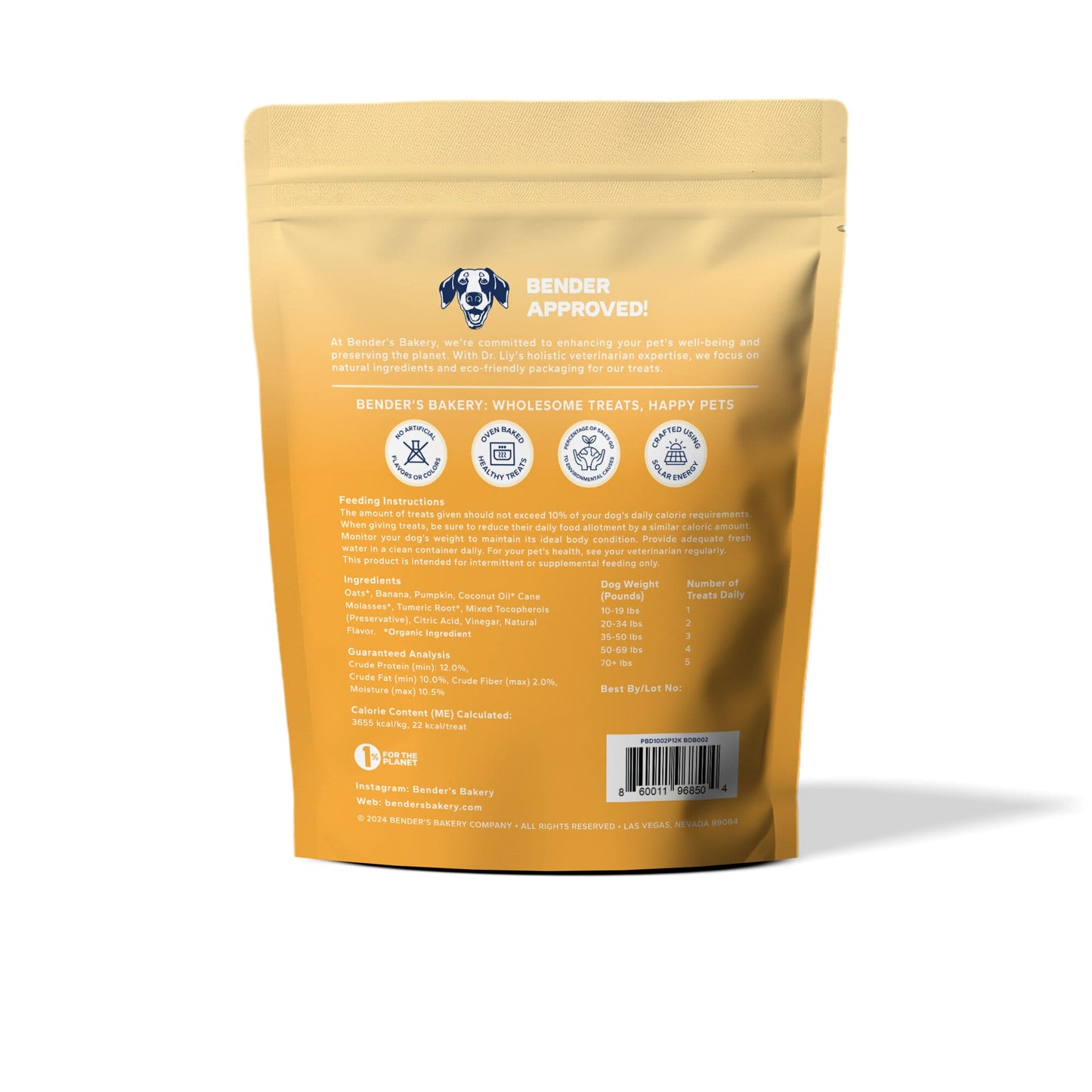 back packaging of Bender’s Bakery Golden Delights baked dog treats