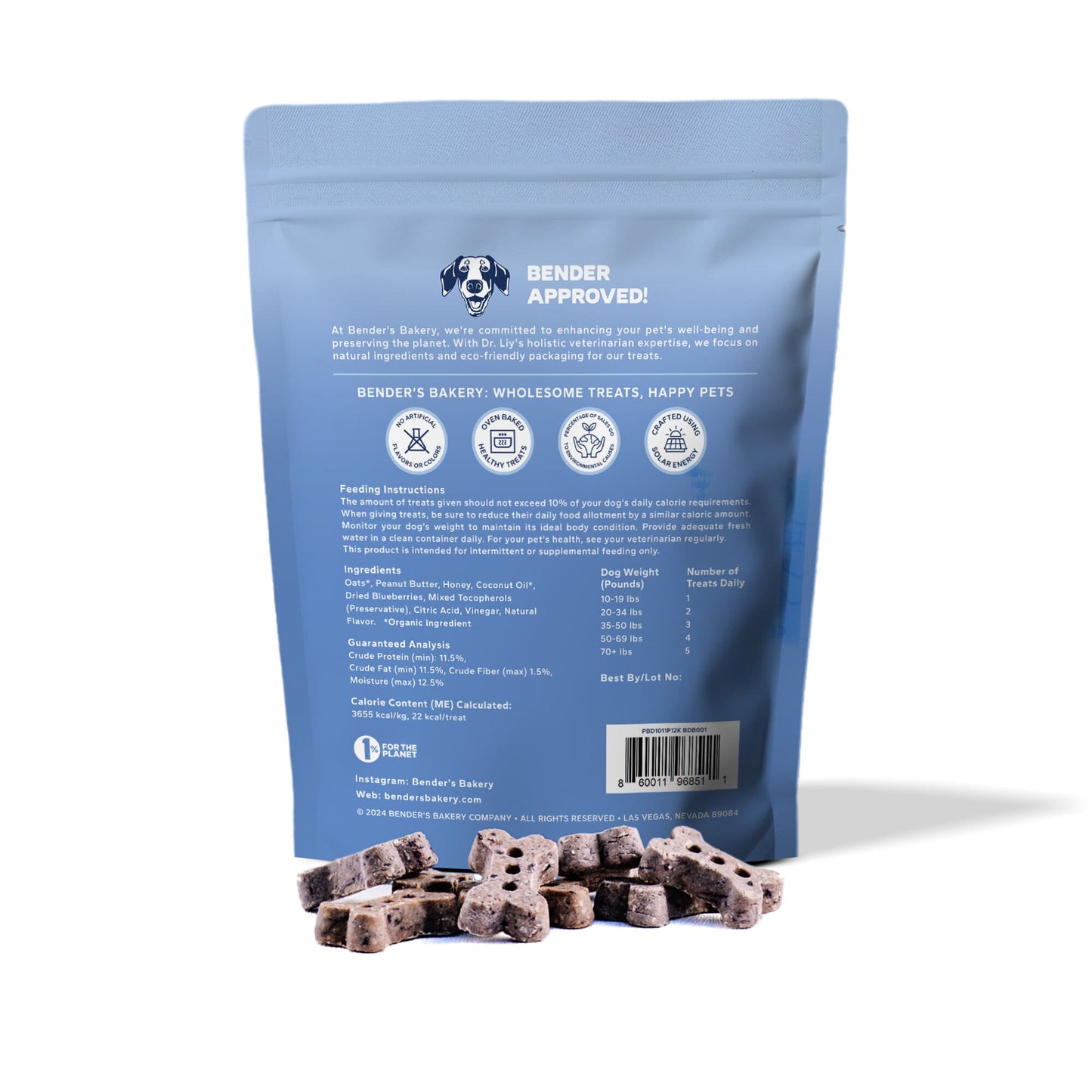 back packaging of Bender’s Bakery Bee’s Knees baked dog treats